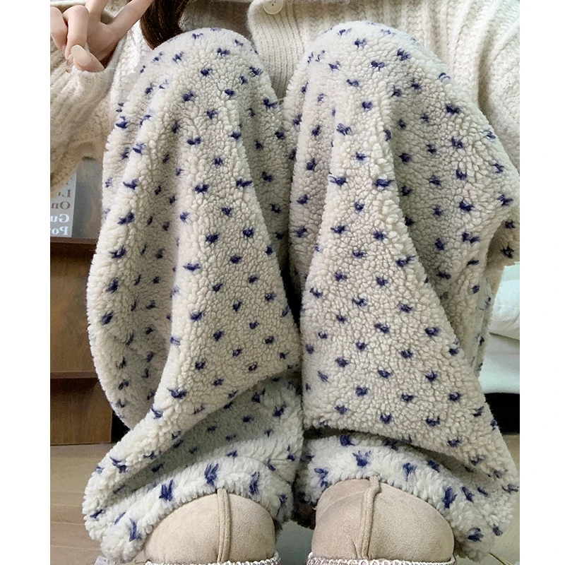 波点摇粒绒针织糯米裤女2025新款高腰显瘦小个子休闲直筒阔腿裤子