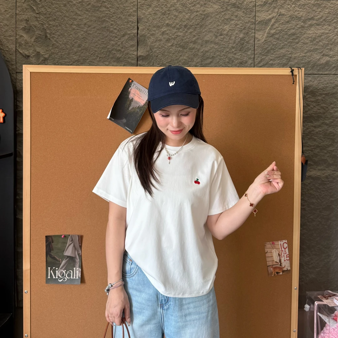 小个子圆圆HP523清凉天丝棉刺绣樱桃圆领T恤宽松百搭休闲打底衫女