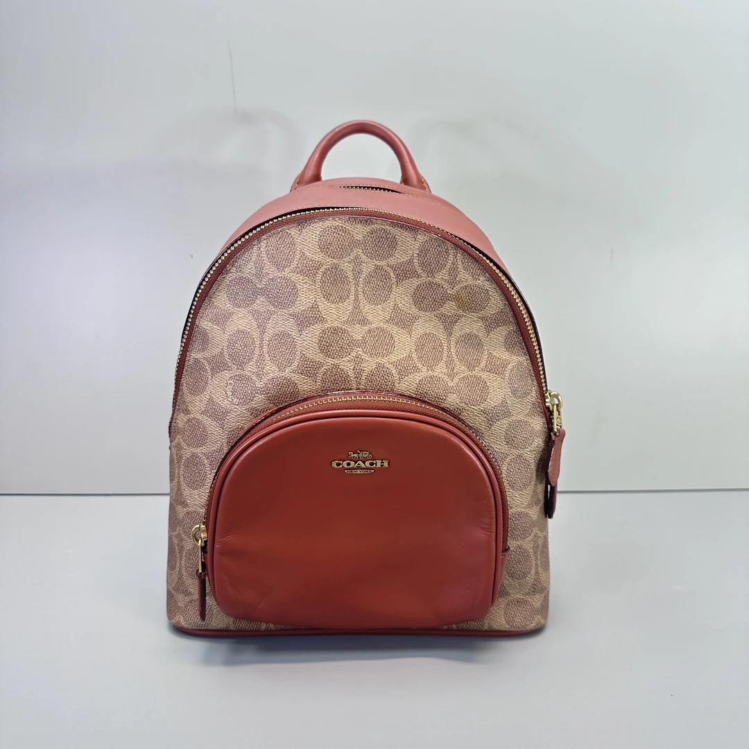 95新 COACH/蔻驰 红棕老花小号双肩包21x15x9cmM041715