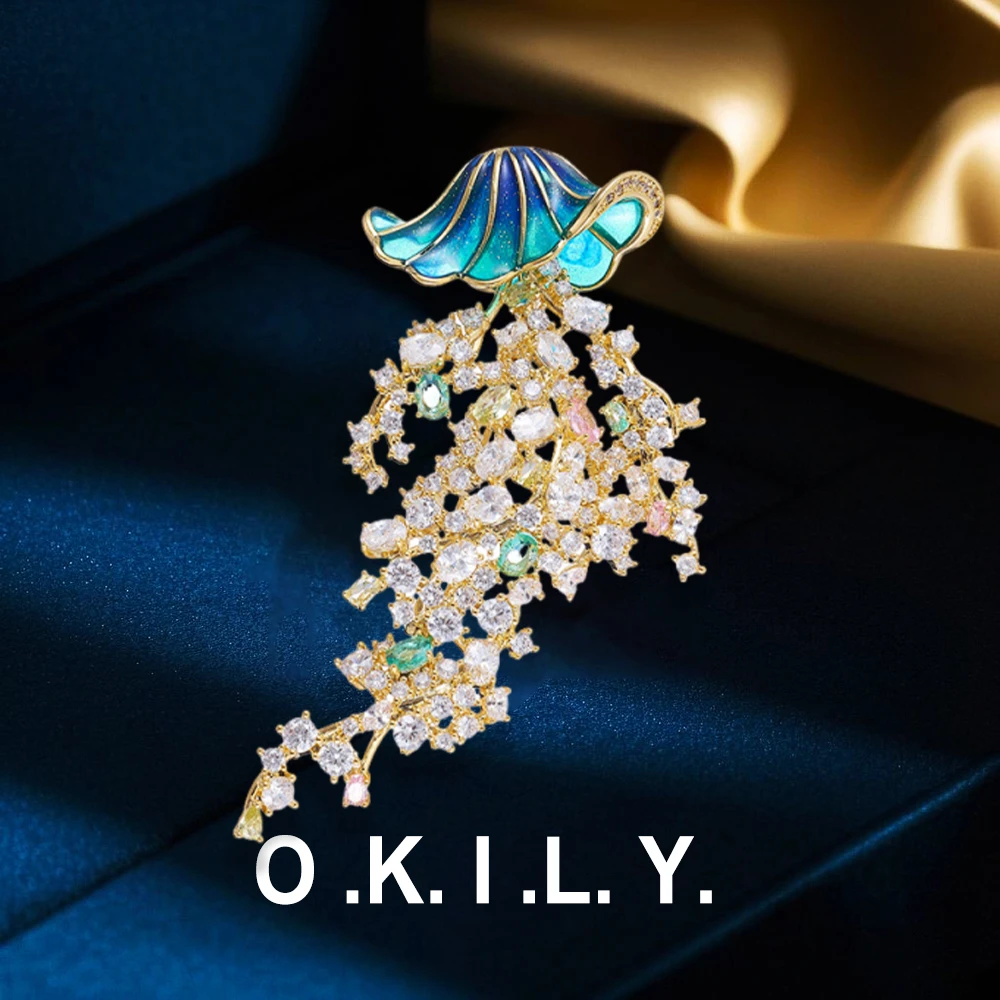 铜合金锆石胸针 时尚彩锆海洋生物水母胸针手绘珐琅胸饰【BR3008】