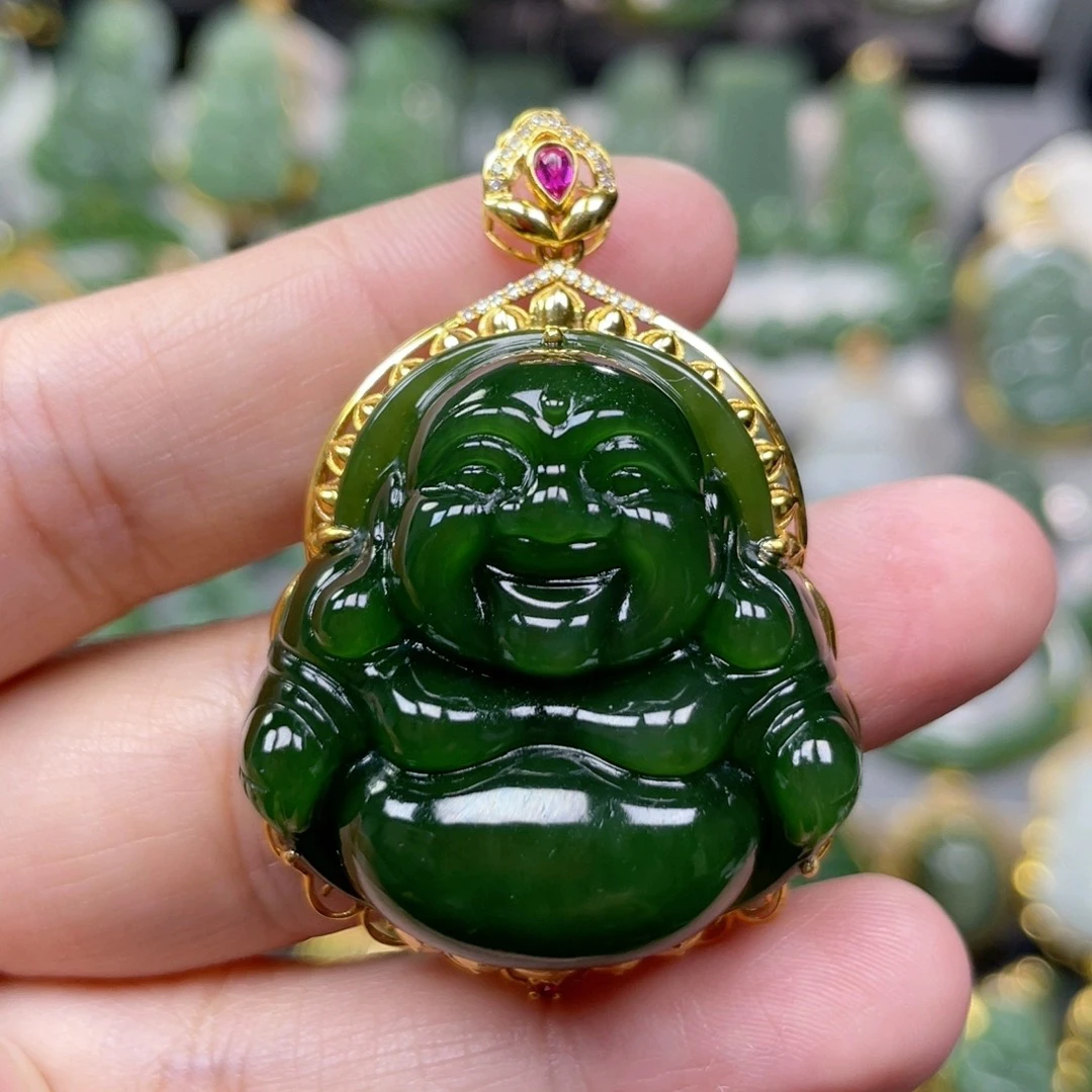 猴教授珠宝18k金正宗老坑和田碧玉辣绿厚妆佛公吊坠裸佛35mm