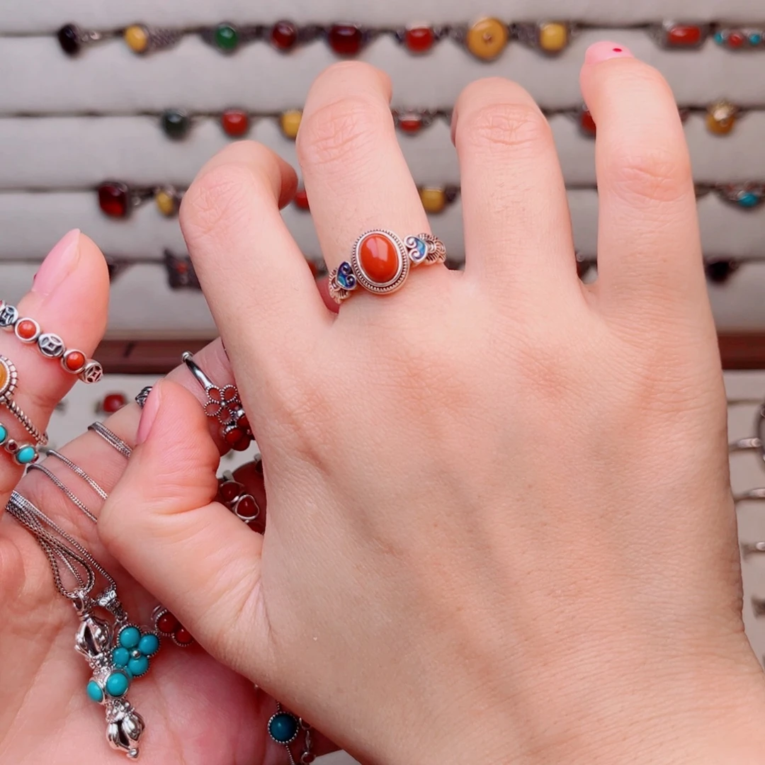 婷***足银大理石椭圆红色纯银戒指