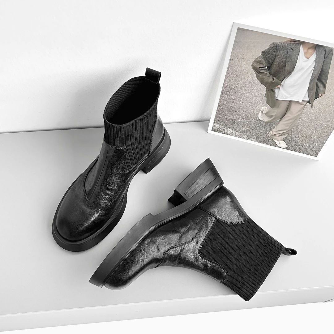 CL220/5cm牛皮厚底短靴女圆头粗跟秋冬新款黑色弹力袜靴