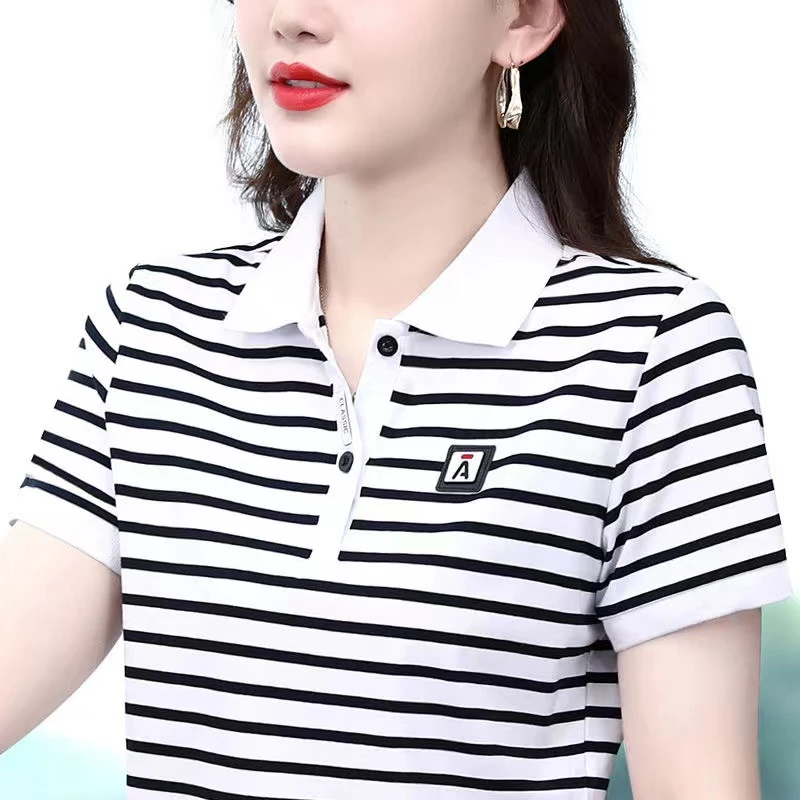 夏季短袖条纹T恤女士polo领上衣百搭休闲经典穿搭洋气小衫