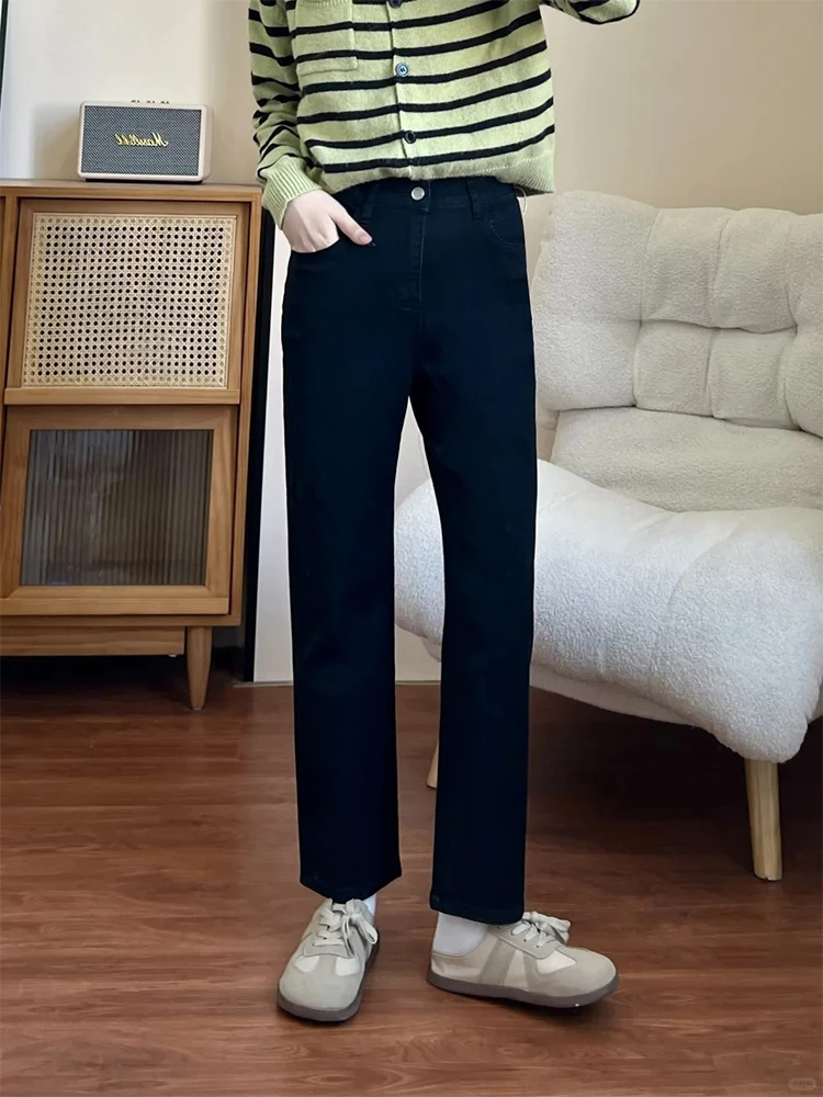 秋季新款弹力修身刺绣直筒牛仔裤女大码百搭显瘦窄版九分烟管裤潮
