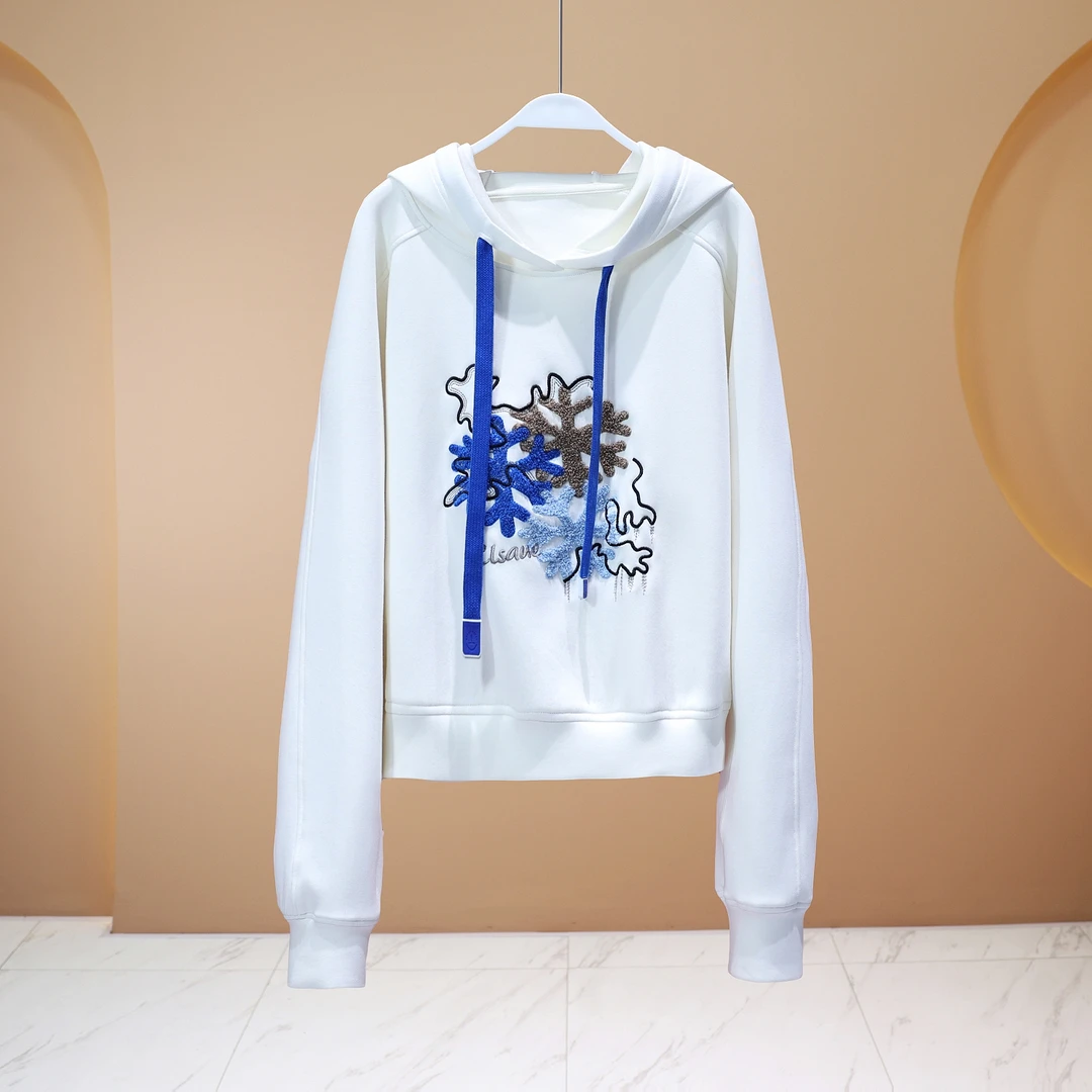 【程二女装】2025 欧货女装白色立体刺绣连帽卫衣/6028