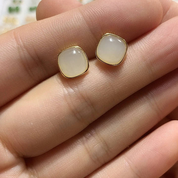 银S925镀金镶嵌和田玉（青白玉）耳饰