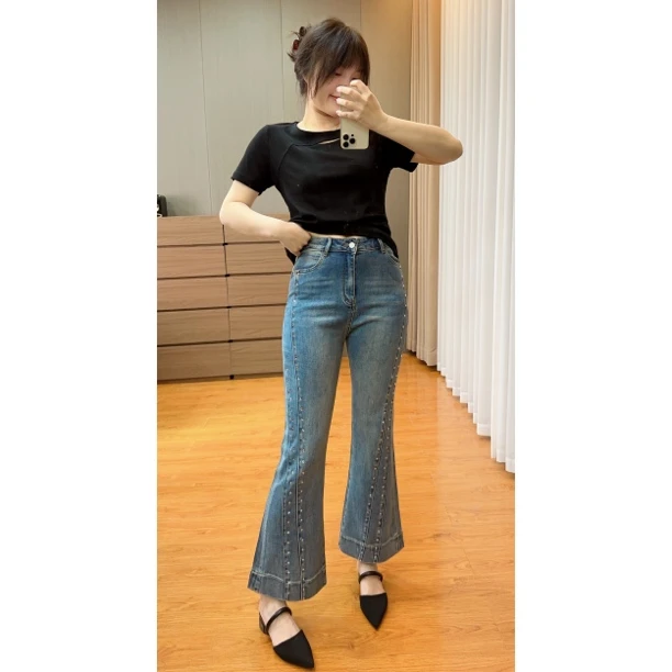 御妍婷3335亮钻微喇牛仔裤显瘦中腰弹力设计款女气质喇叭裤