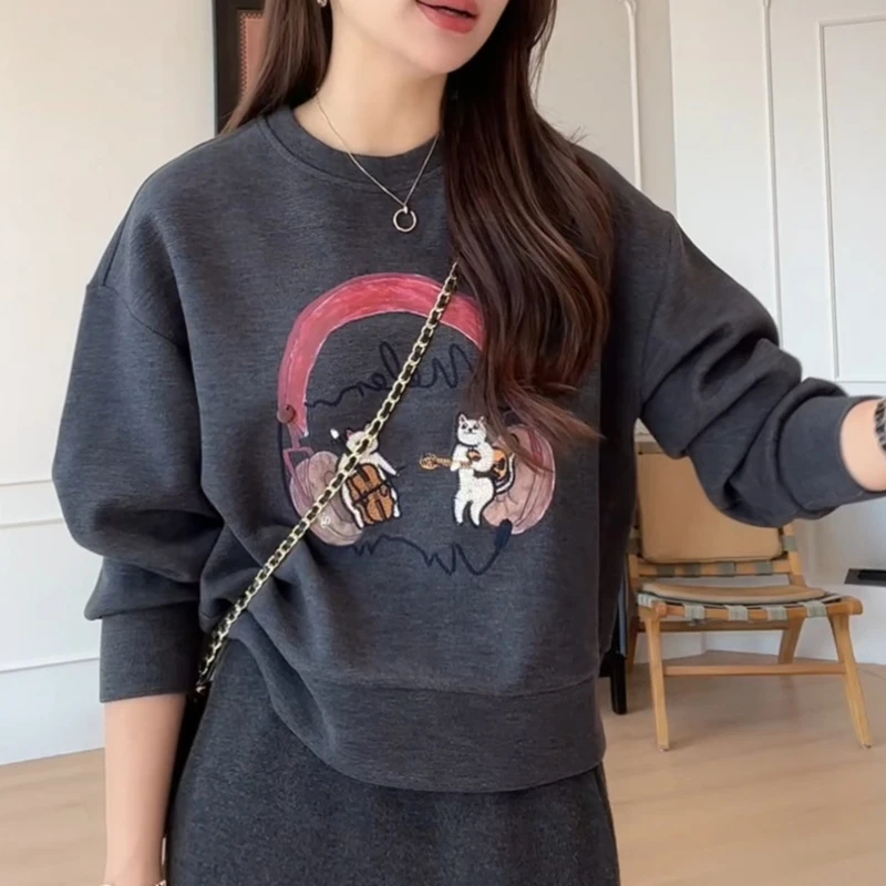 2025韩系新款秋冬休闲百搭刺绣吉他小猫印花卫衣LK2507201