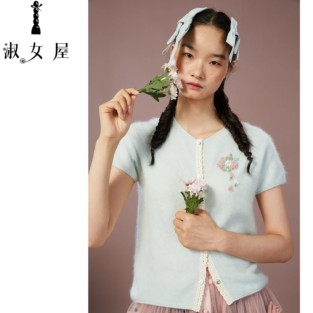 淑女屋官方旗舰店水果糖公主。毛衣花间集短袖开衫毛衣羊毛羊绒