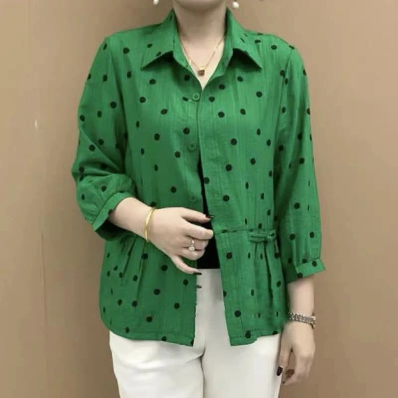 022常规圆点薄款口袋立领中老年女装夏季七分袖新中式