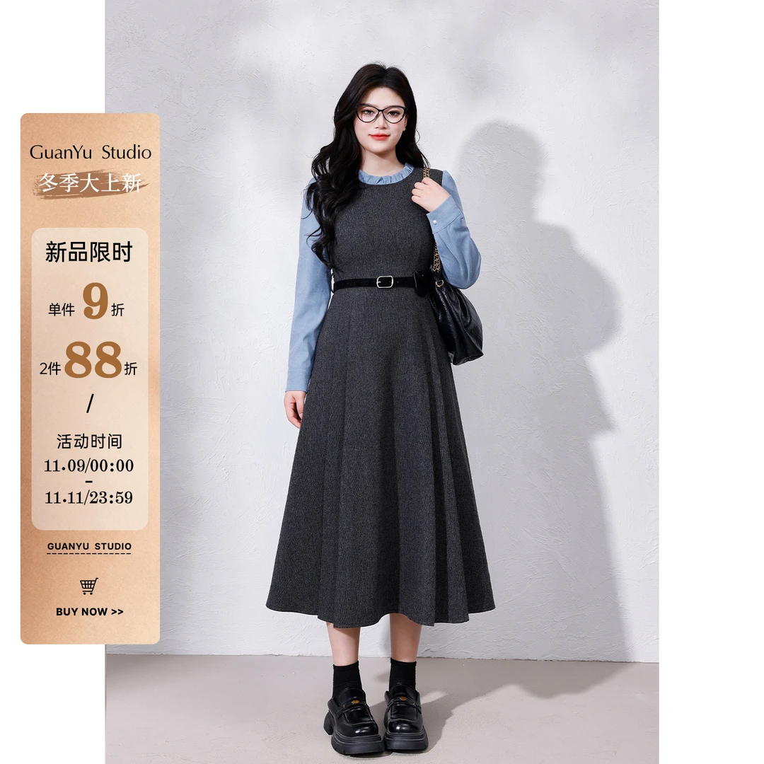 LX【巴黎画报】蛋妹大码女装微胖mm冬季学院风假两件连衣裙DM35112