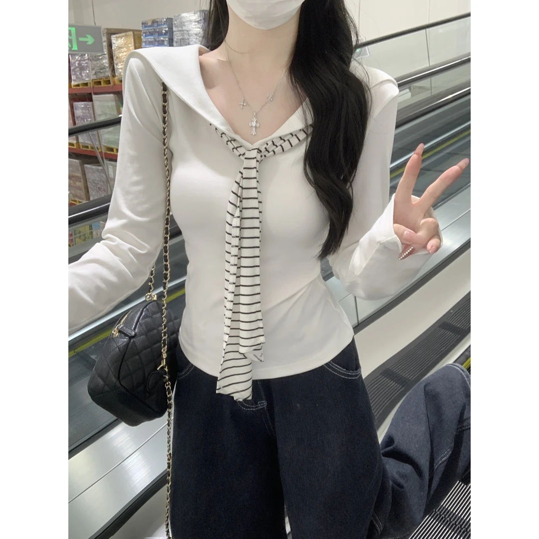 大码韩系学院风海军领披肩长袖上衣女早秋新款胖mm修身巨显瘦t恤