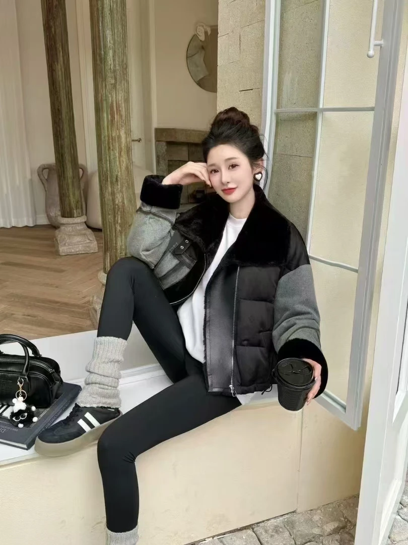 黑色拼接女装百搭女士短外套皮毛一体女保暖加绒提花秋冬9857