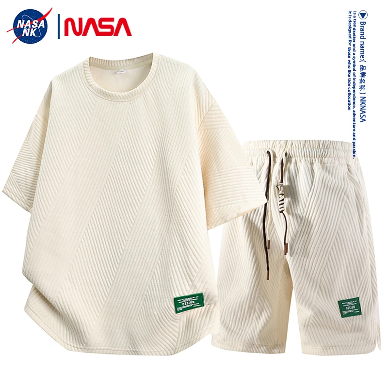 NASA联名夏季薄款提花凉感短袖短裤两件套装男士港风休闲简约一套