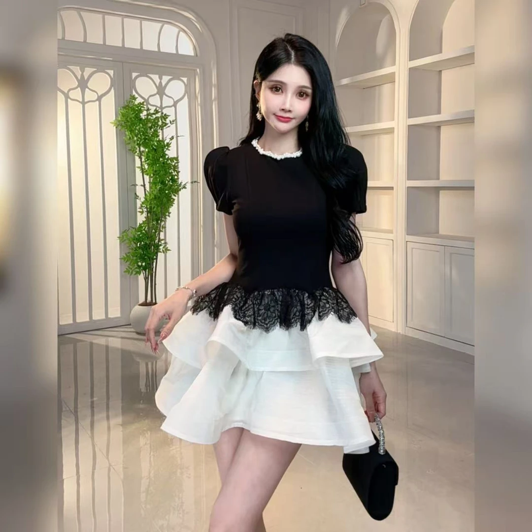 柔娜定制   女神气质显瘦百搭荷叶边收腰高腰设计感连衣裙21731