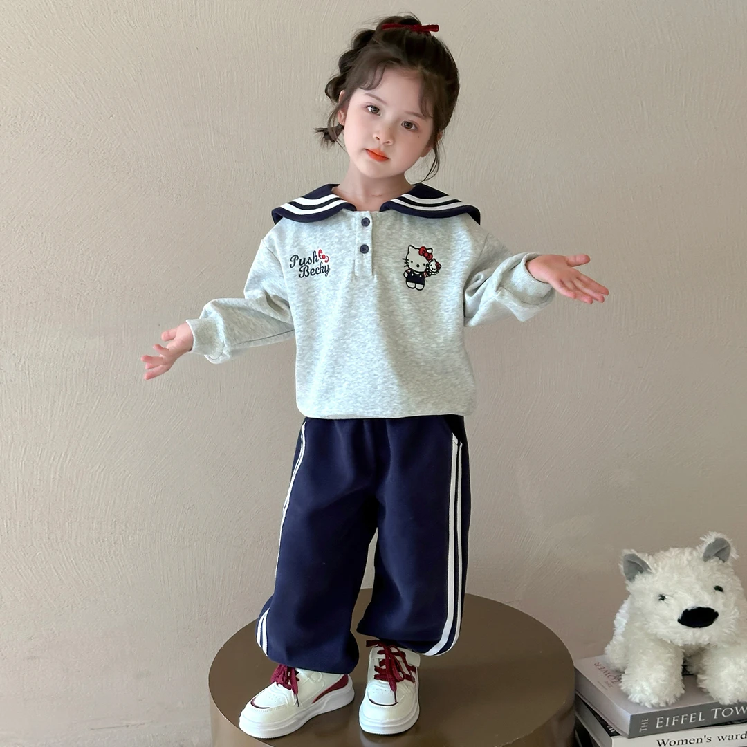 女童秋装洋气套装女孩中小童海军领卡通卫衣两件宝宝韩版衣服秋季