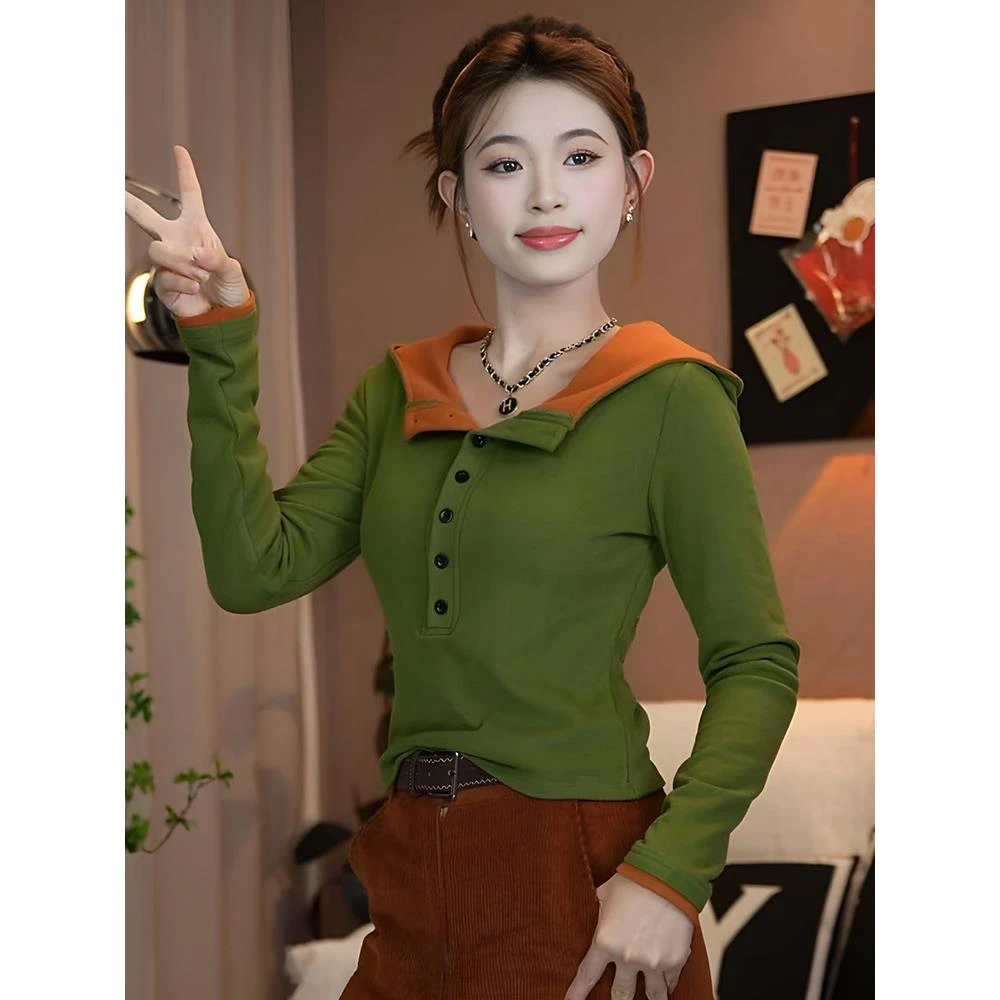 玉姐-冬季新款双面绒连帽撞色纽扣套头打底衫长袖保暖弹力打底衫