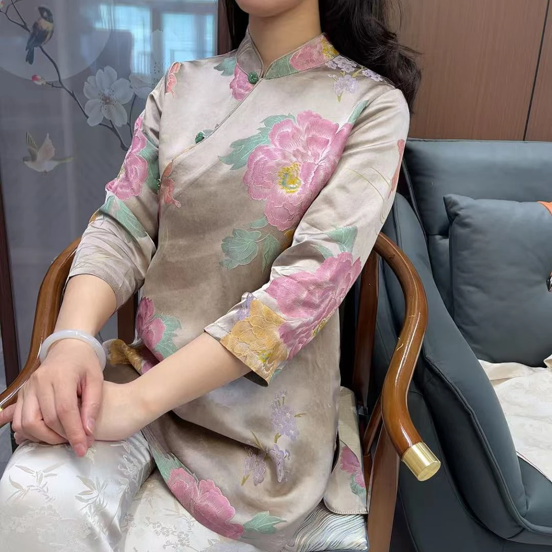 【衣美之源】香槟牡丹复古中式立领上衣