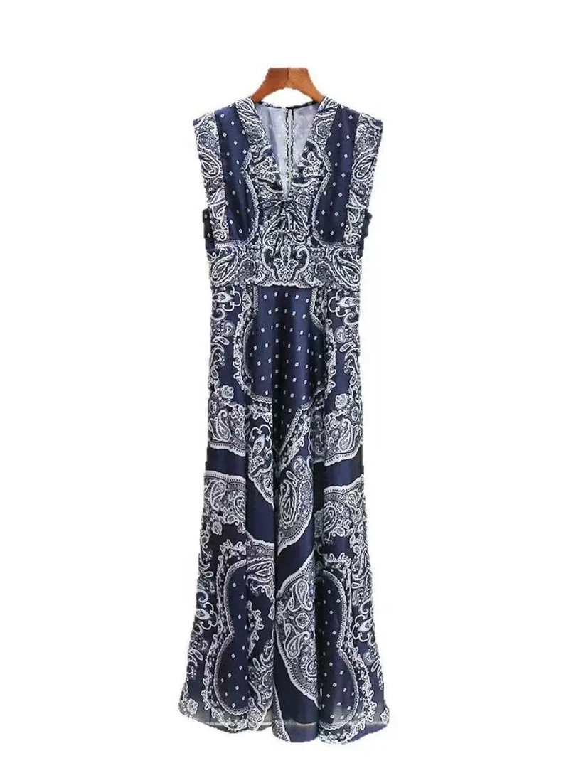 【COCO LESELY]2025春夏新款女装法式V领收腰 印花飘逸连衣裙