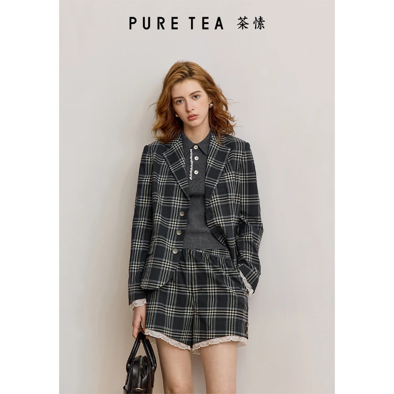 PURE TEA/茶·愫【复古格纹】学院风短外套女西装领蕾丝边KH0801D11