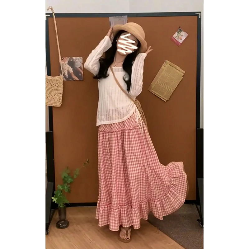 2025春季新款女温柔风抽绳镂空罩衫上衣气质高腰显瘦格纹半身裙