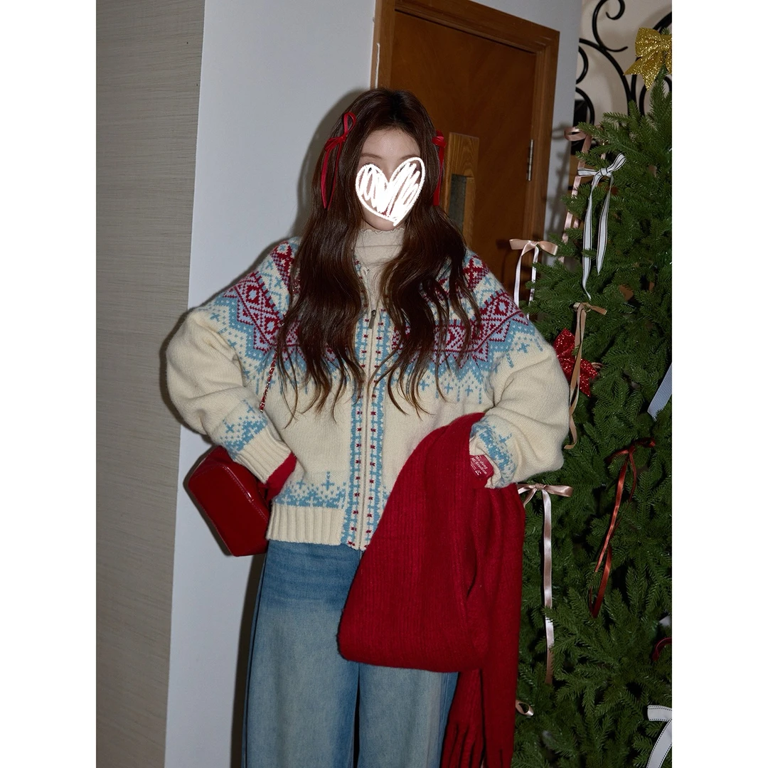 圣诞连帽厚毛衣开衫秋冬女米色费尔岛毛衫加厚长袖毛织外套