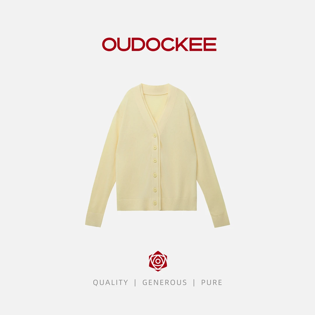 OUDOCKEE 鸥鸥【绵羊毛】菠萝 黄色V领设计感百搭针织开衫 HACG729T