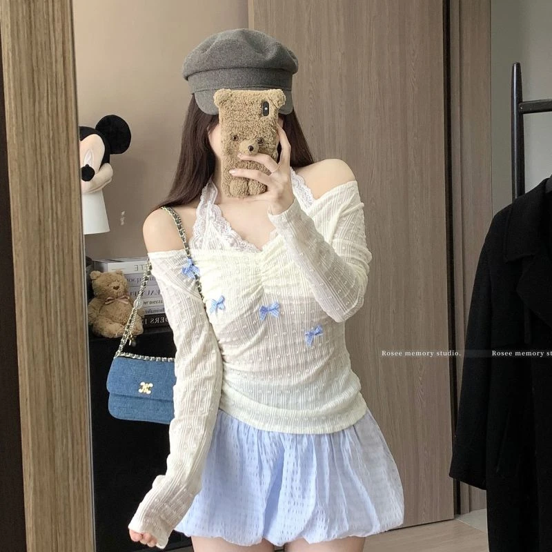 甜辣妹蕾丝挂脖假两件长袖T恤女早春蝴蝶结露肩薄款防晒罩衫上衣