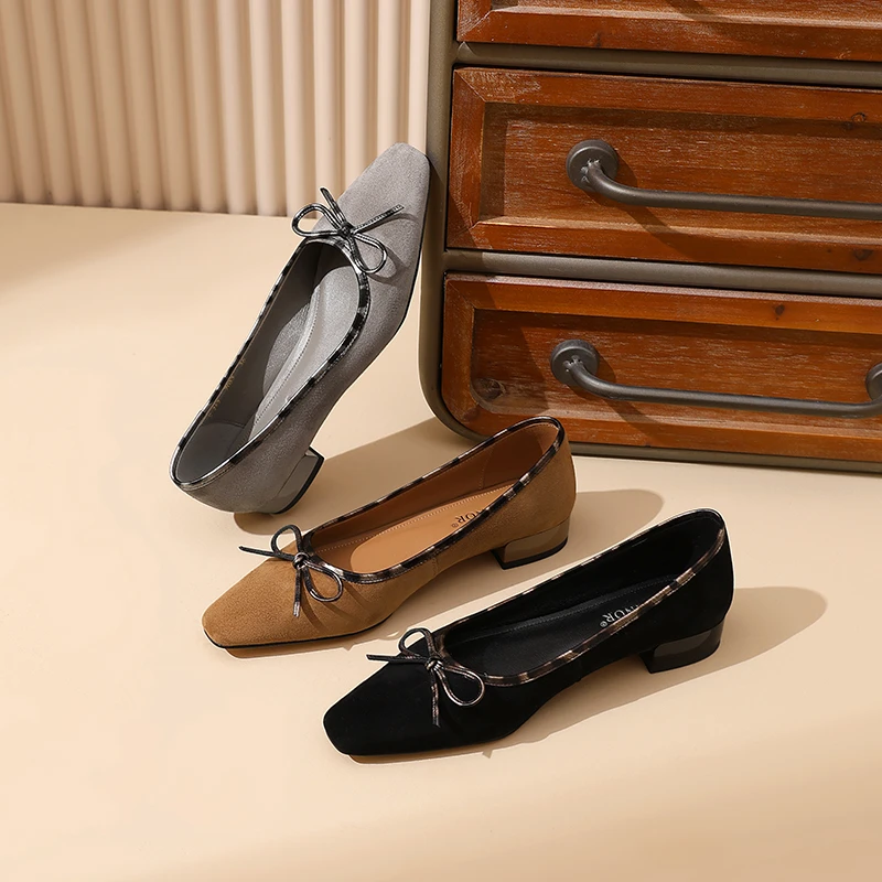 AMEINOR2025春季新款真皮百搭蝴蝶结拼色气质女款单鞋
