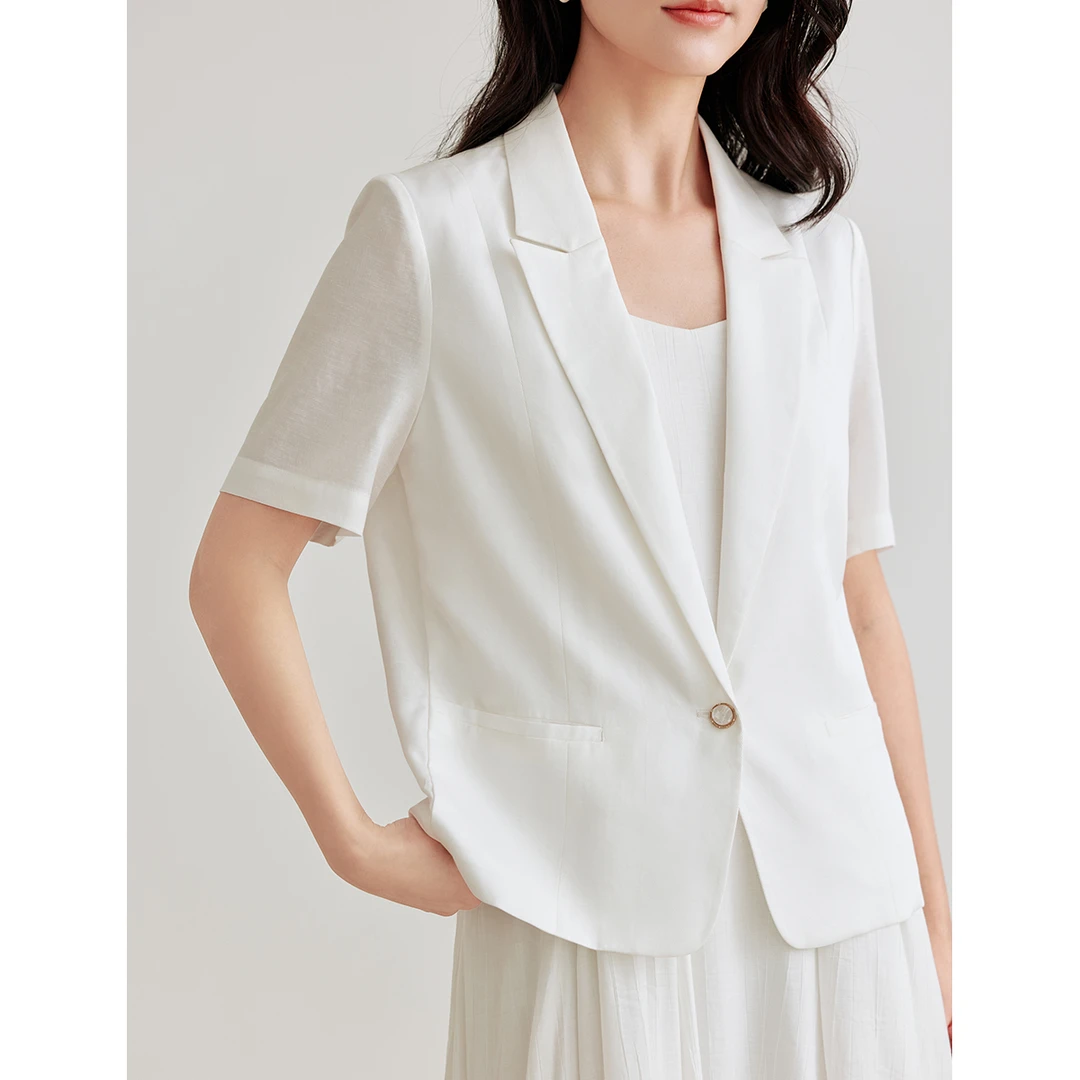 【商场同款】茵曼夏季女西装外套小休闲上衣短款通勤亚麻百搭短袖