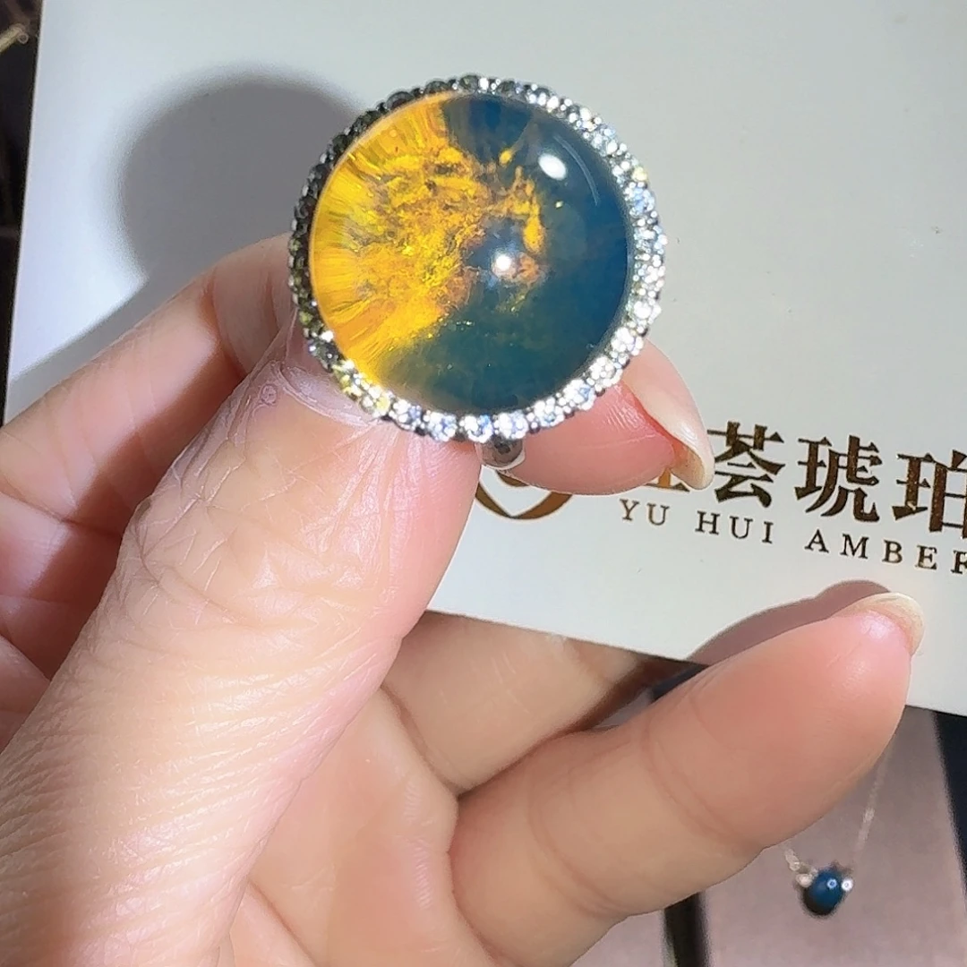 琥珀银S925镶嵌戒指多米尼加15mm