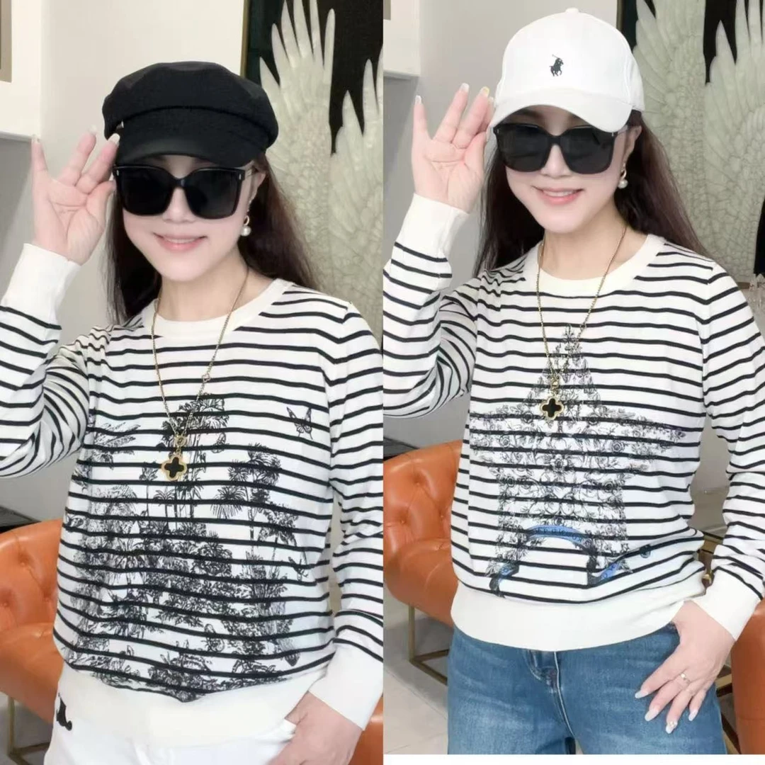 【薇姐粉丝】早秋新款D家经典条纹系列圆领长袖毛针织打底衫