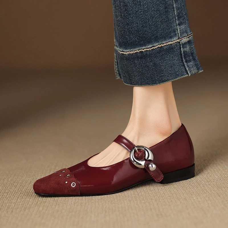 喜婆婆婚宴鞋子妈妈高跟鞋不累脚酒红色单鞋女皮鞋喜庆礼真皮低跟