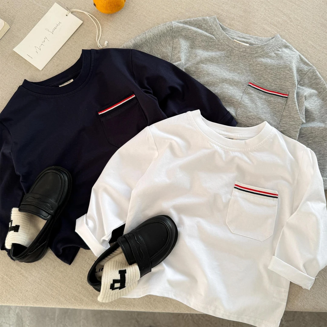 儿童T恤2025春季新品男女童光板口袋长袖T宝宝百搭简约打底