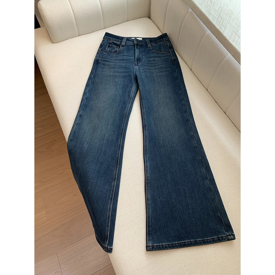 “日落牛仔”高个子蓝色简约显瘦微喇裤加绒牛仔裤喇叭裤