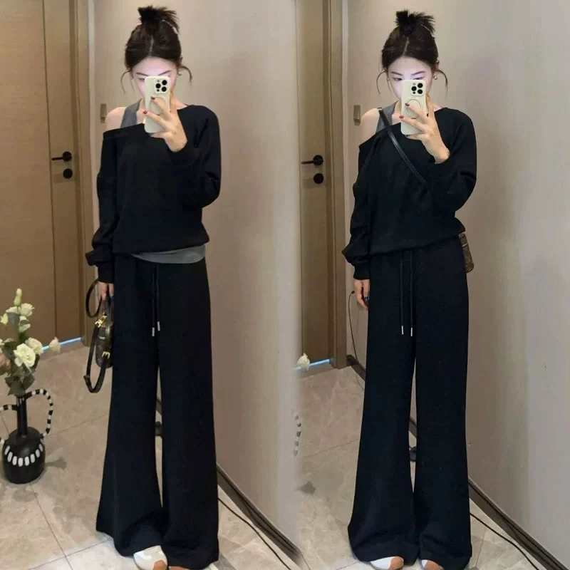 时尚休闲套装女2025秋季新款时髦洋气露肩假两件上衣阔腿裤两件套