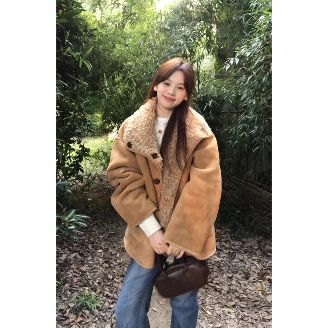 两面穿麂皮毛机车服外套女秋冬韩系加厚宽松皮毛一体羊羔毛绒外套