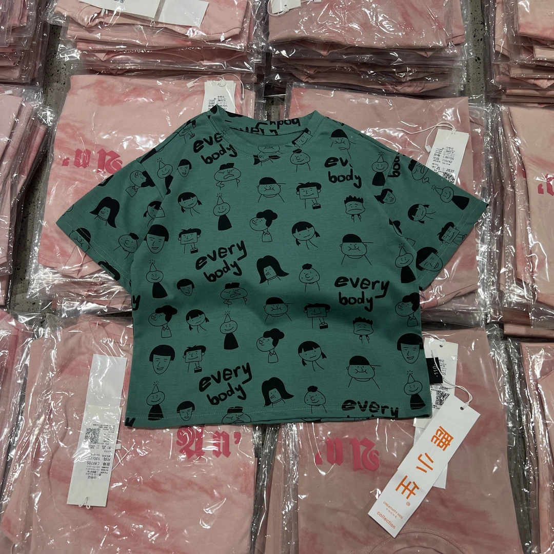 舅舅严选童装夏季儿童服装韩版满印百搭圆领短袖C88703绿八