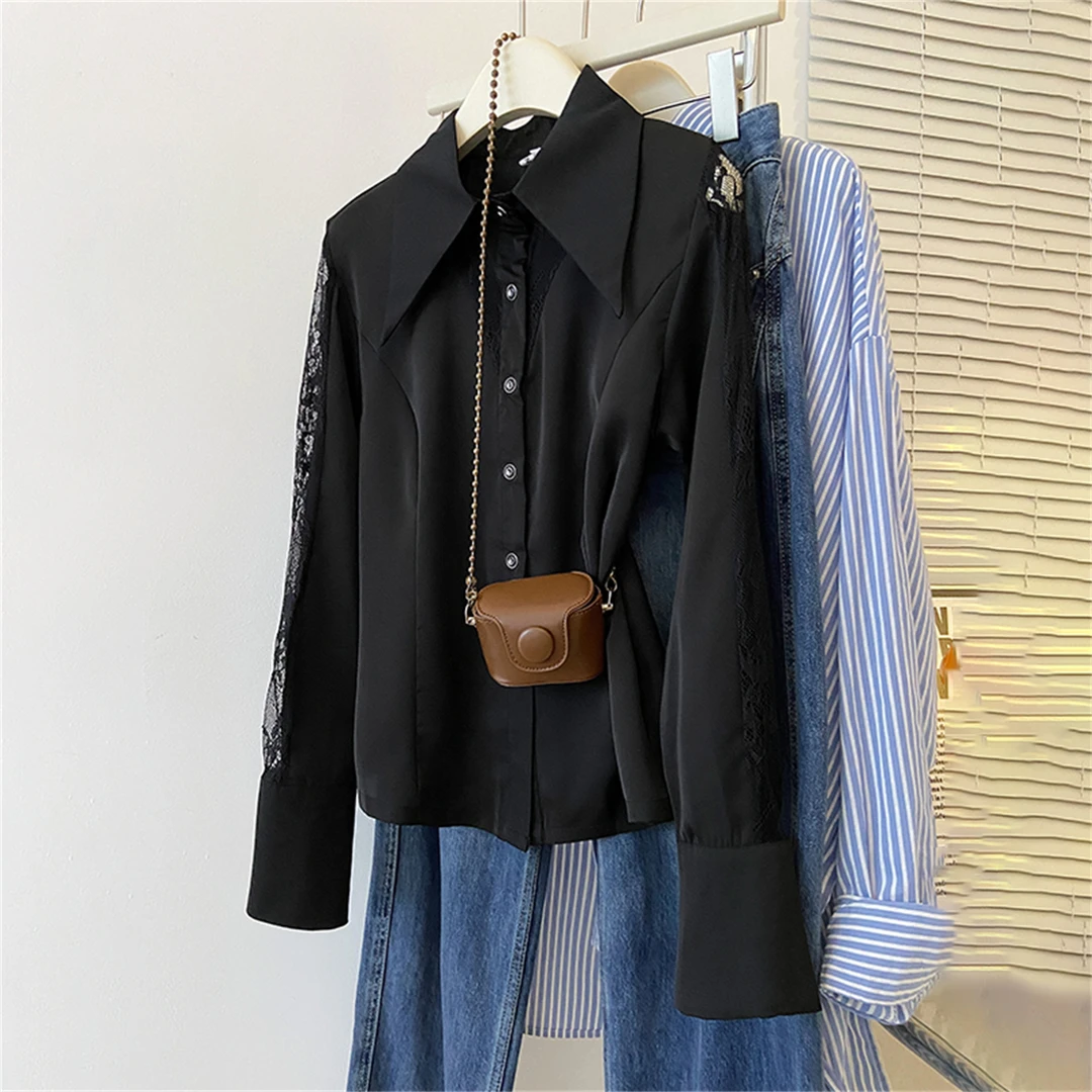 御姐风蕾丝网纱拼接长袖衬衫女春秋减龄性感气质修身翻领黑色上衣