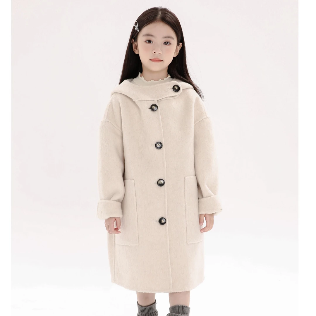 手工双面羊绒大衣童装羊毛呢子外套中长款亲子装加厚洋气连帽韩版