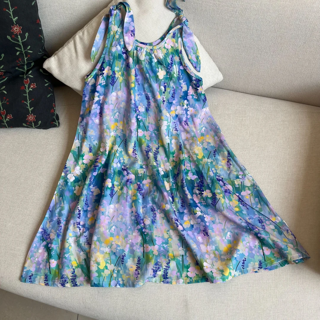 210836 时尚吊带无袖夏季泡泡袖常规连衣裙圆领背带裙印花