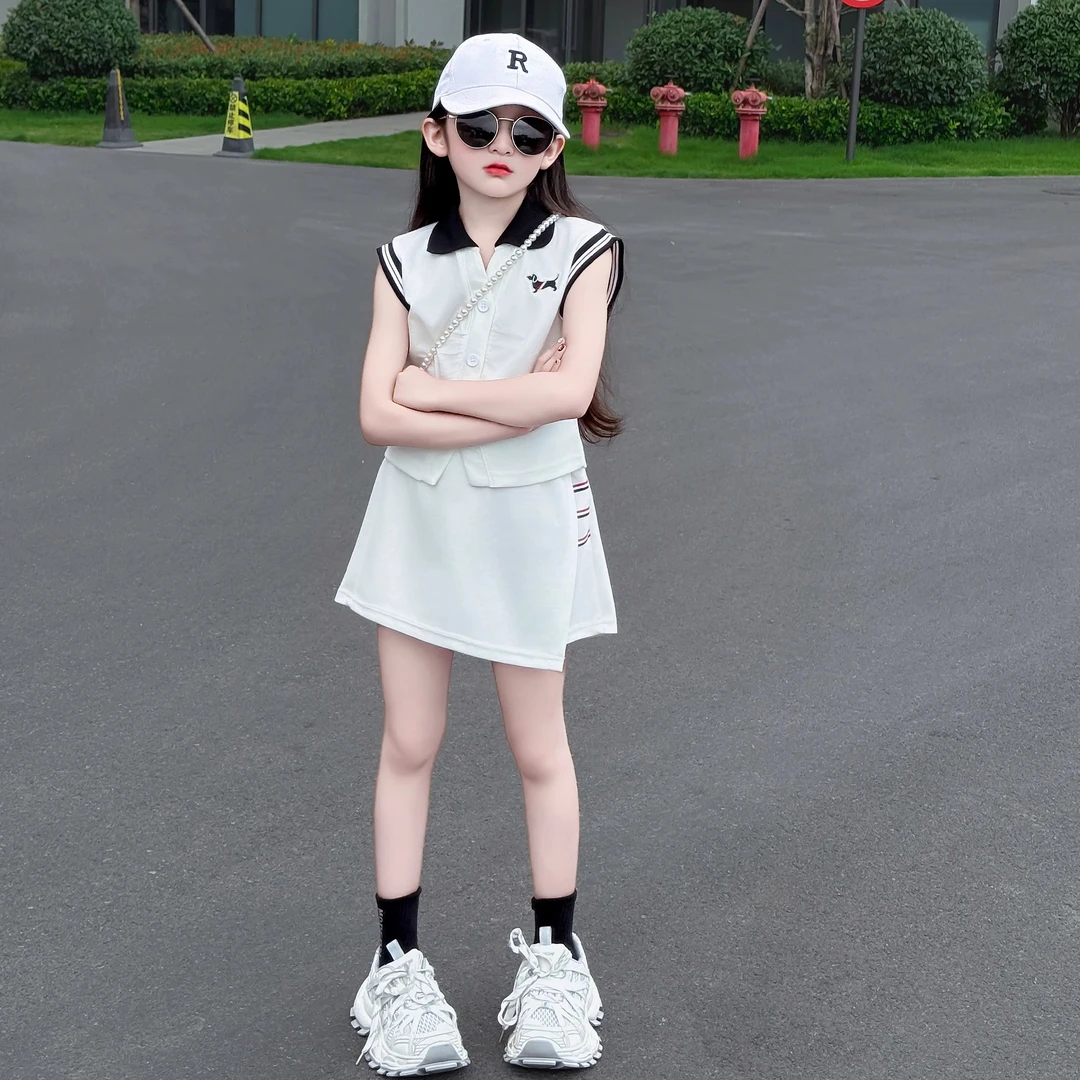 女童夏季薄款2025新款韩版时尚休闲运动无袖POLO衫上衣裙裤套装潮