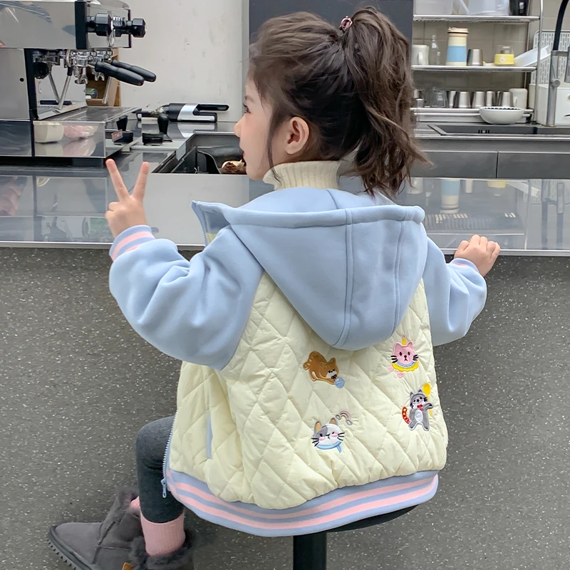 女童加厚外套2025新款秋冬宝宝夹棉上衣冬季保暖衣服儿童连帽冬装