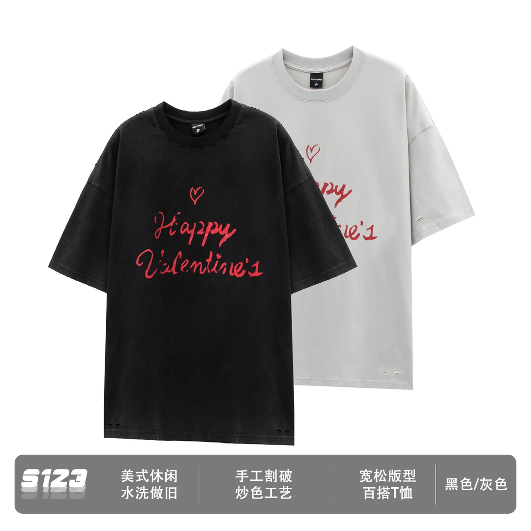 S123 重工手工割破撞色爱心字母短袖T恤男女宽松休闲半袖百搭上衣
