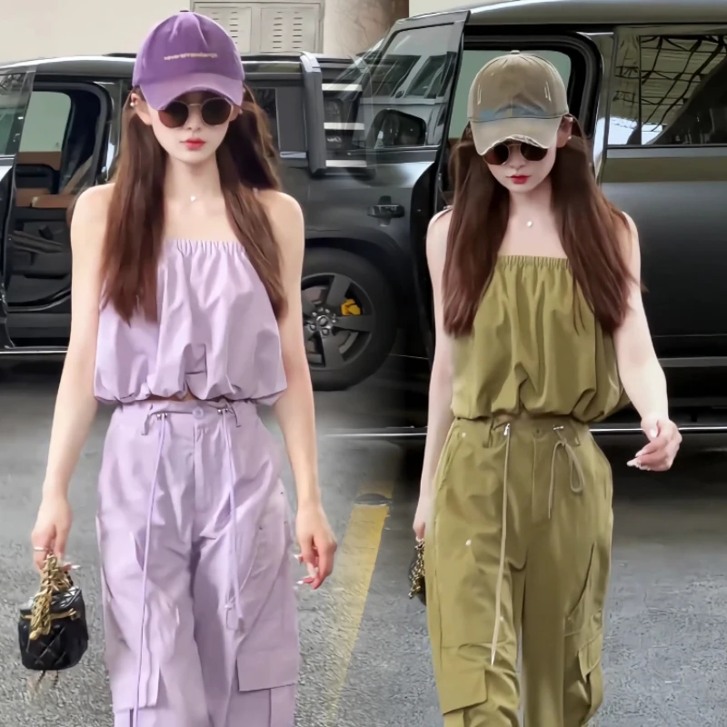 时尚洋气辣妹甜酷工装风套装女夏纯欲蓬蓬吊带阔腿裤显瘦两件套