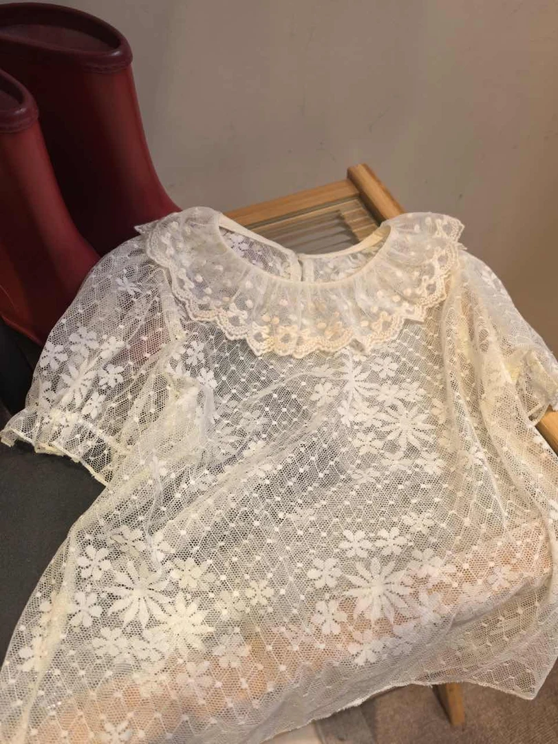 一童麻打底衫女童洋气蕾丝花边翻领内搭儿童86072