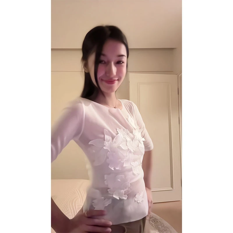 法式立体花朵网纱圆领短袖新款设计感透视小衫别致上衣百搭裤子