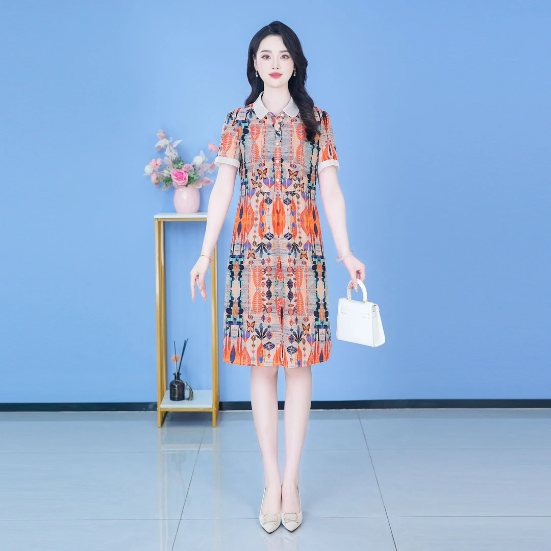 【SJYH1183】2025年夏季新款连衣裙中长款气质收腰印花修身女装