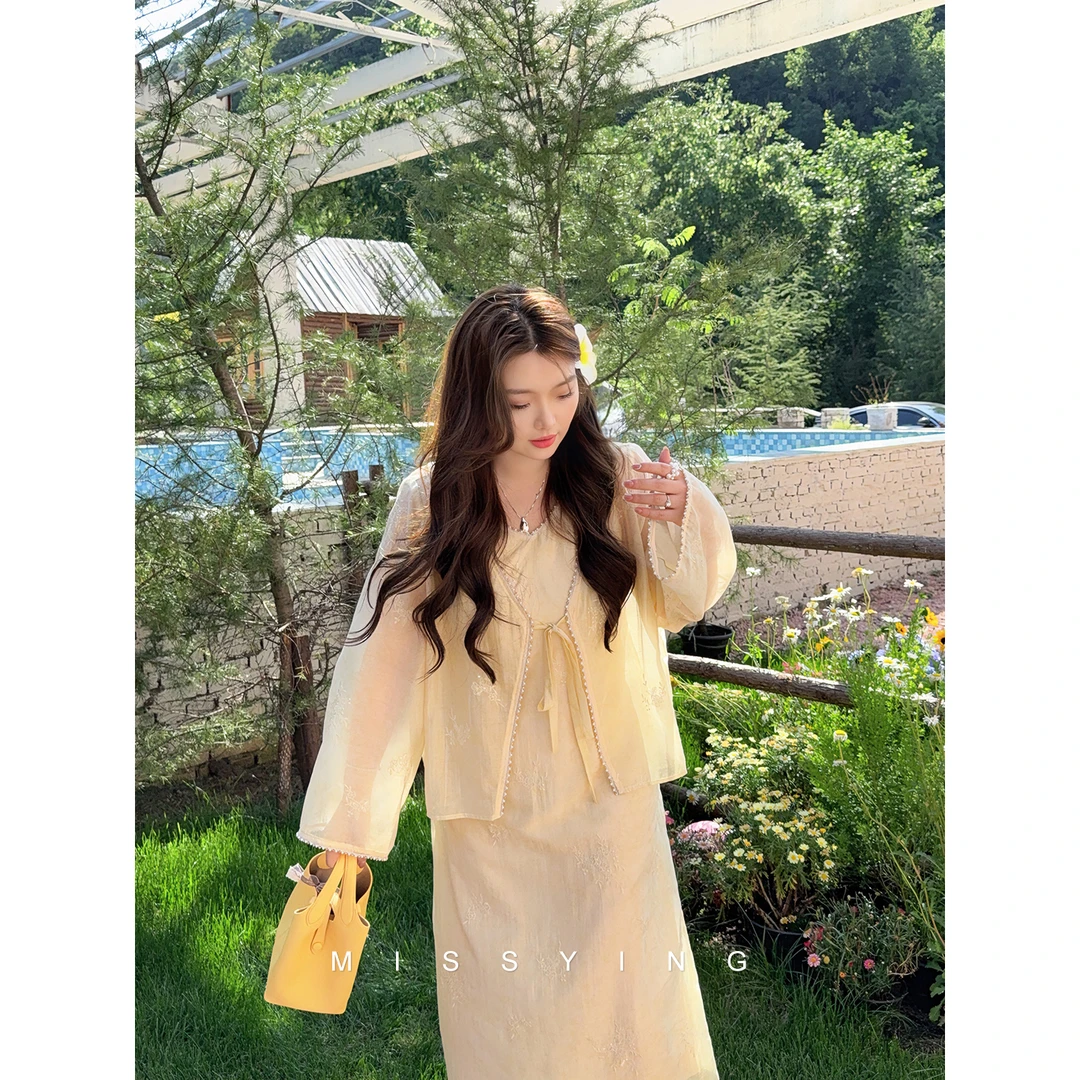 应小姐【香浮花月】微胖大码中式夏季显瘦气质温柔开衫+吊带裙套装